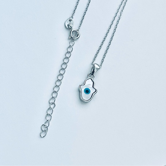 Sterling Silver Mother of Pearl Blue Evil Eye Hamsa Necklace, Silver Necklace - Picture 3 of 11